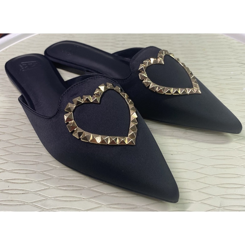 Aminah Abdul Women Jillil Aviva Black Satin Heart Studded Flat Mules Shoe 7.5 M